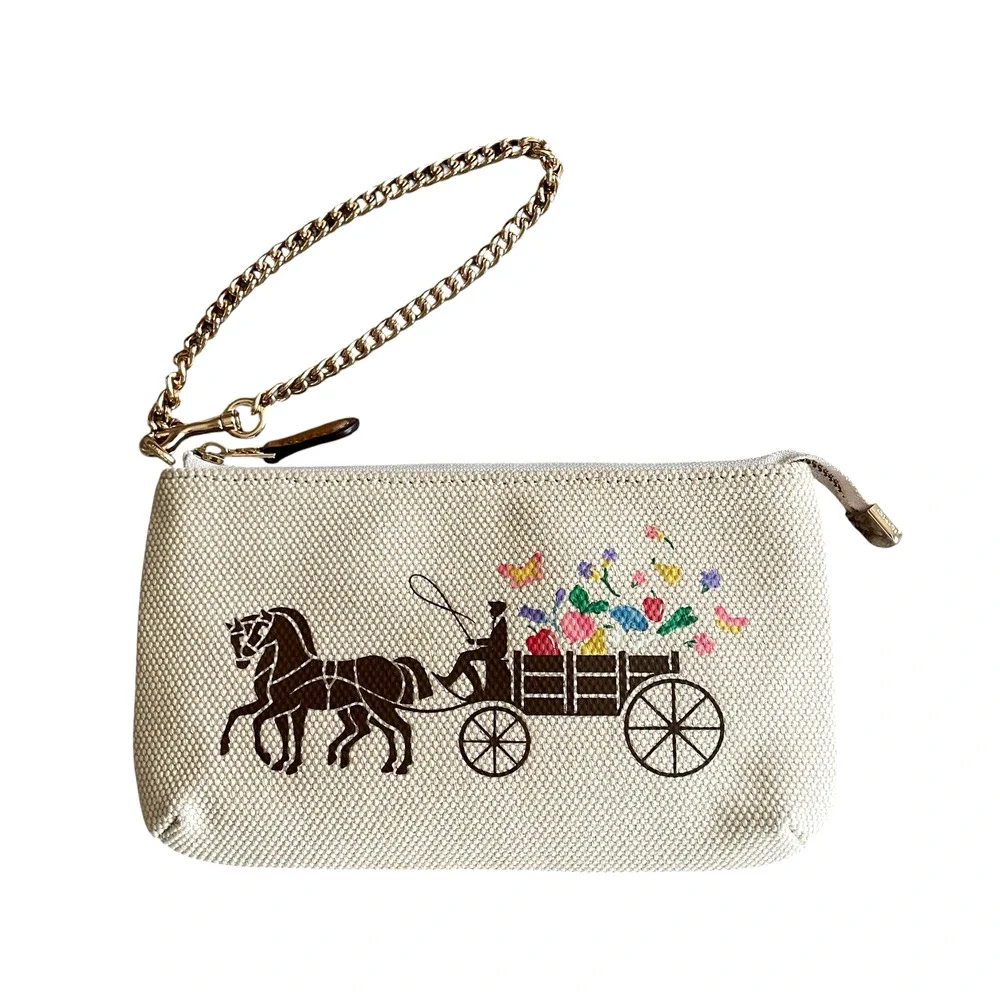 COACH C8725 Large Wristlet 19 Natural Canvas Dreamy Veggie Horse Carriage Clutch